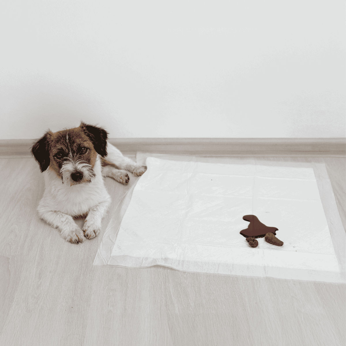 Dog lying next to a pet health monitoring pad with chocolate stain.