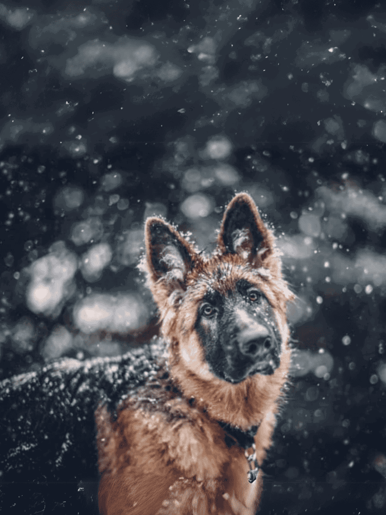 Cute German Shepherd in snow.
