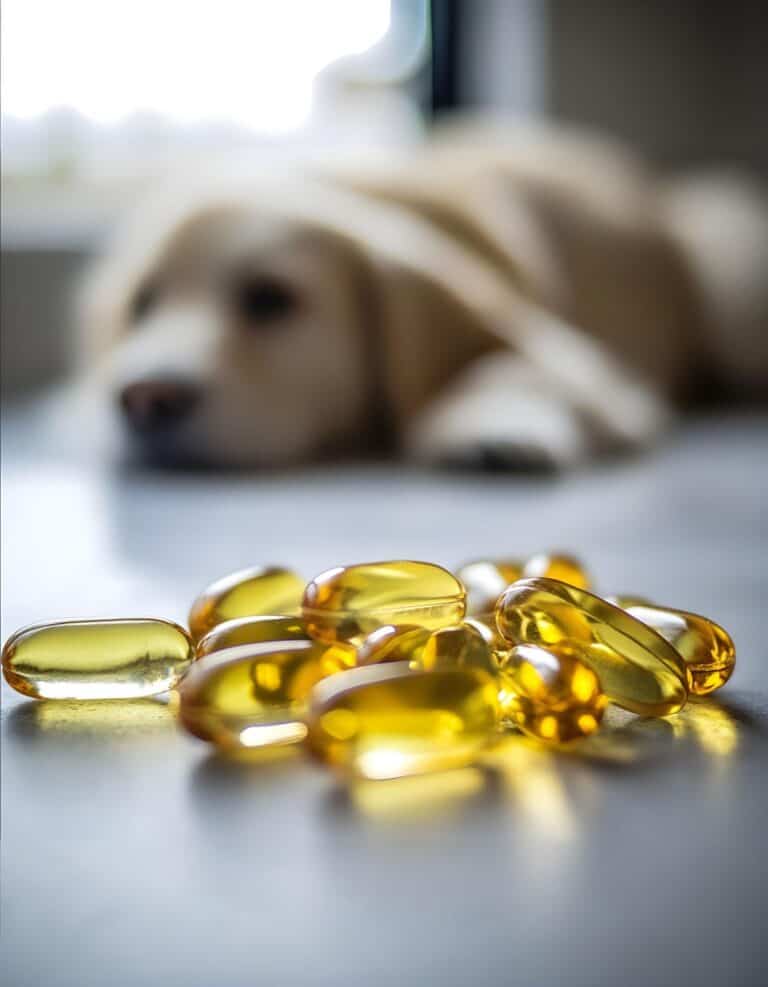 Pet supplement capsules lie on a surface, with a dog sleeping in the background, promoting pet health and wellness.
