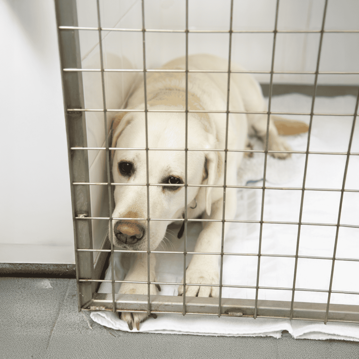 Dog rescue dog lying inside a cage at an animal shelter.