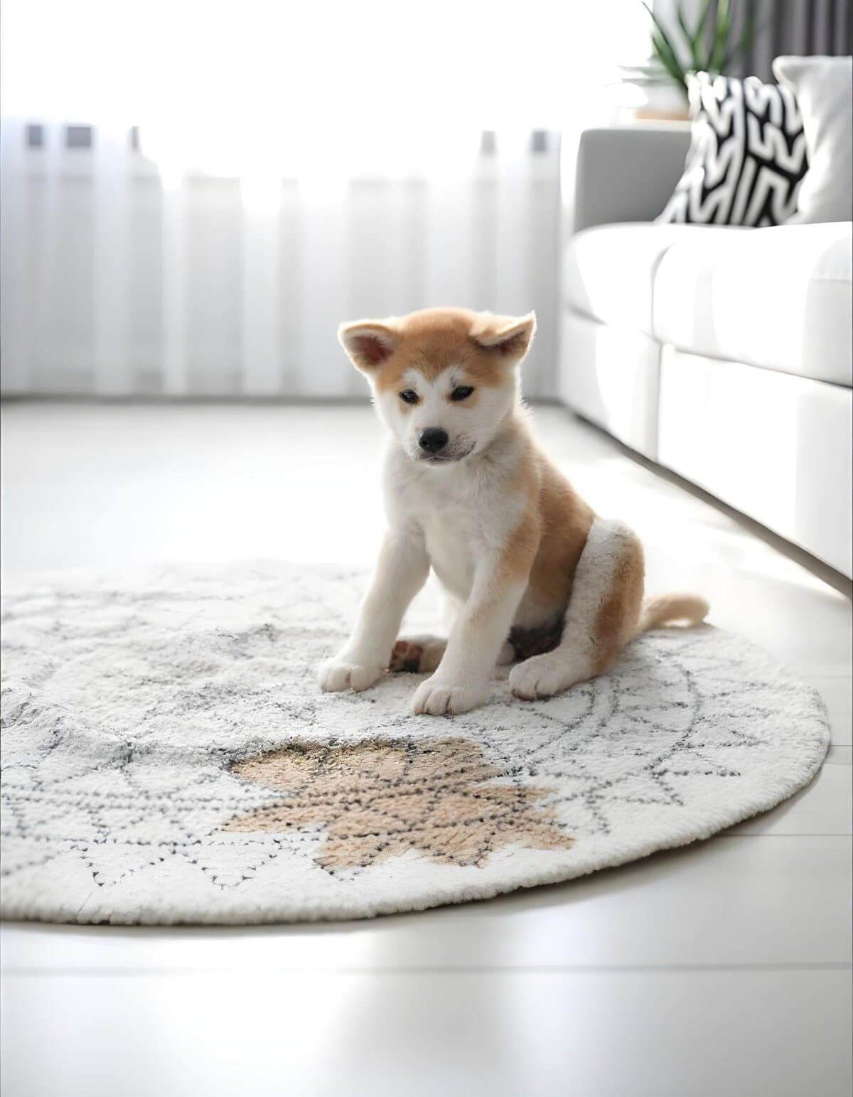 Adorable Shiba Inu puppy sitting on soft white rug in modern living room.