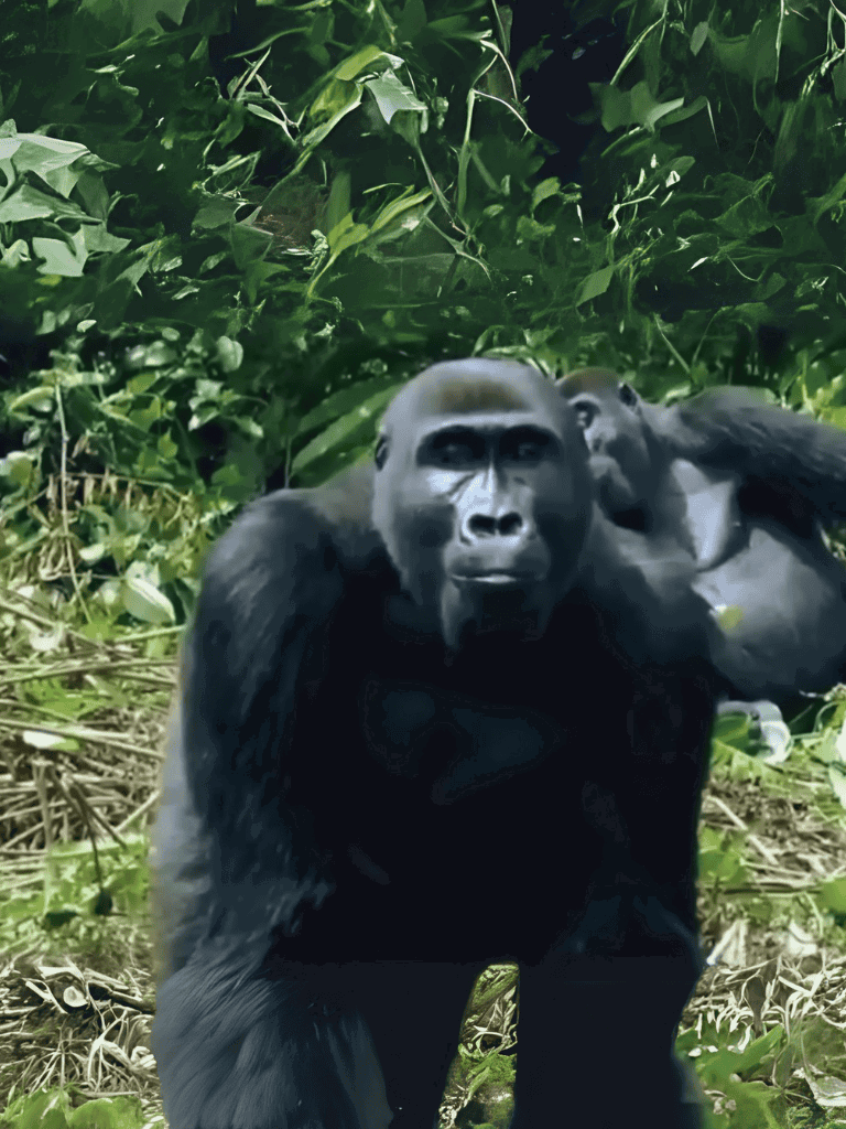 Close-up of a powerful gorilla in dense jungle foliage.