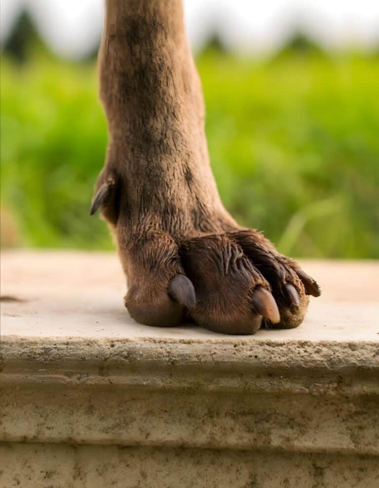 Close-up of a dog's paw resting on a wooden surface, highlighting fur, nails, and paw pads against greenery.