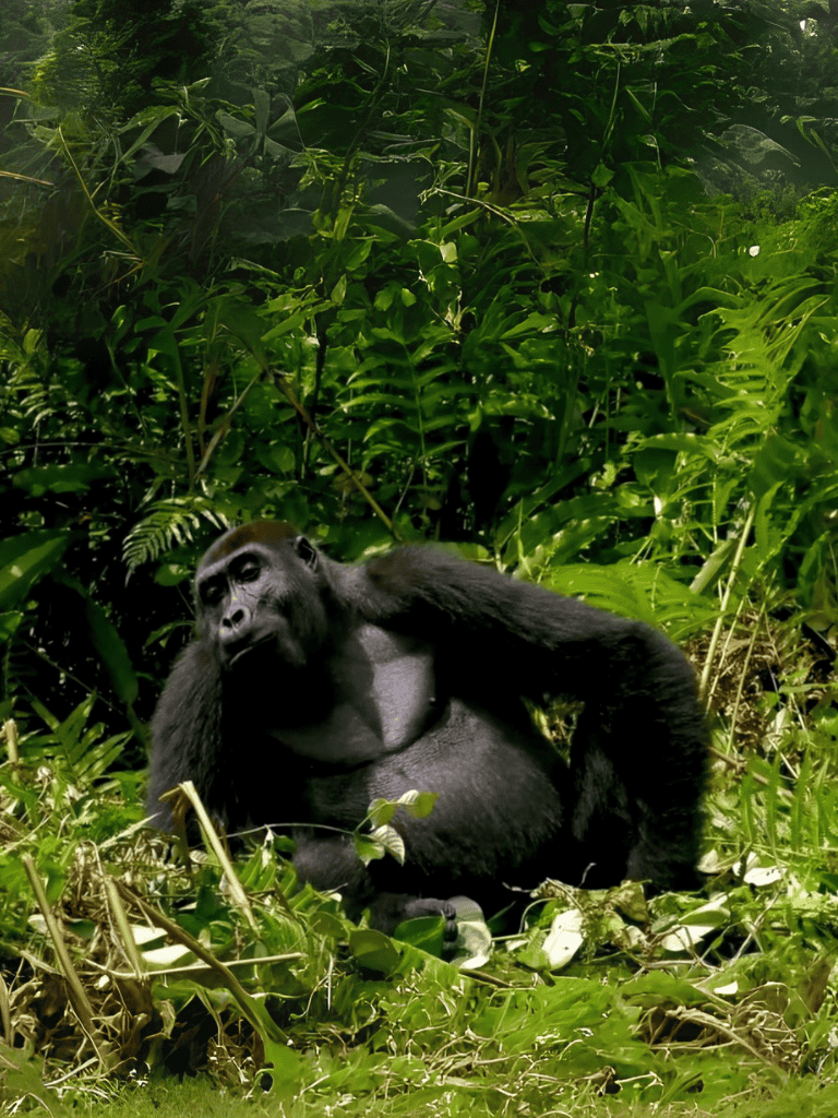 Gorilla resting in lush green jungle environment with vibrant foliage.