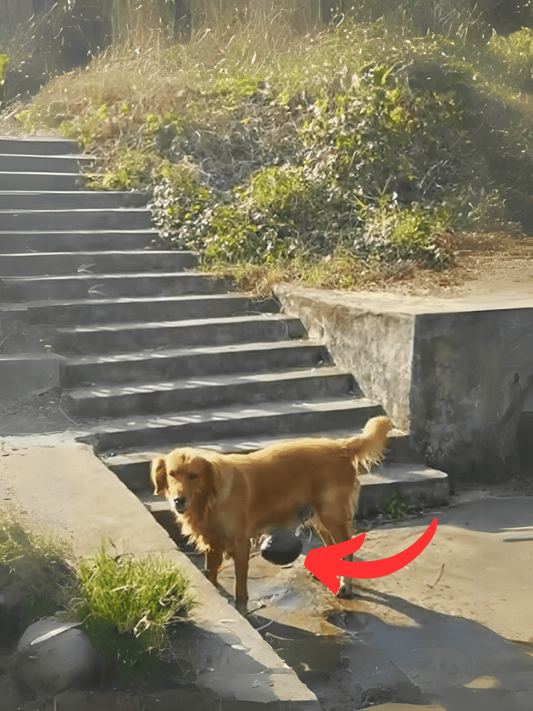 Dog with ball by stairs in outdoor setting.