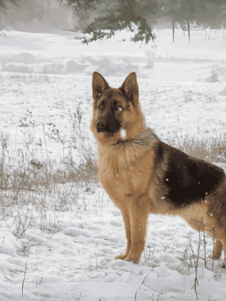 Snowy landscape with a German Shepherd dog standing in the snow. Perfect for dog training, winter pet accessories, or outdoor dog activities.