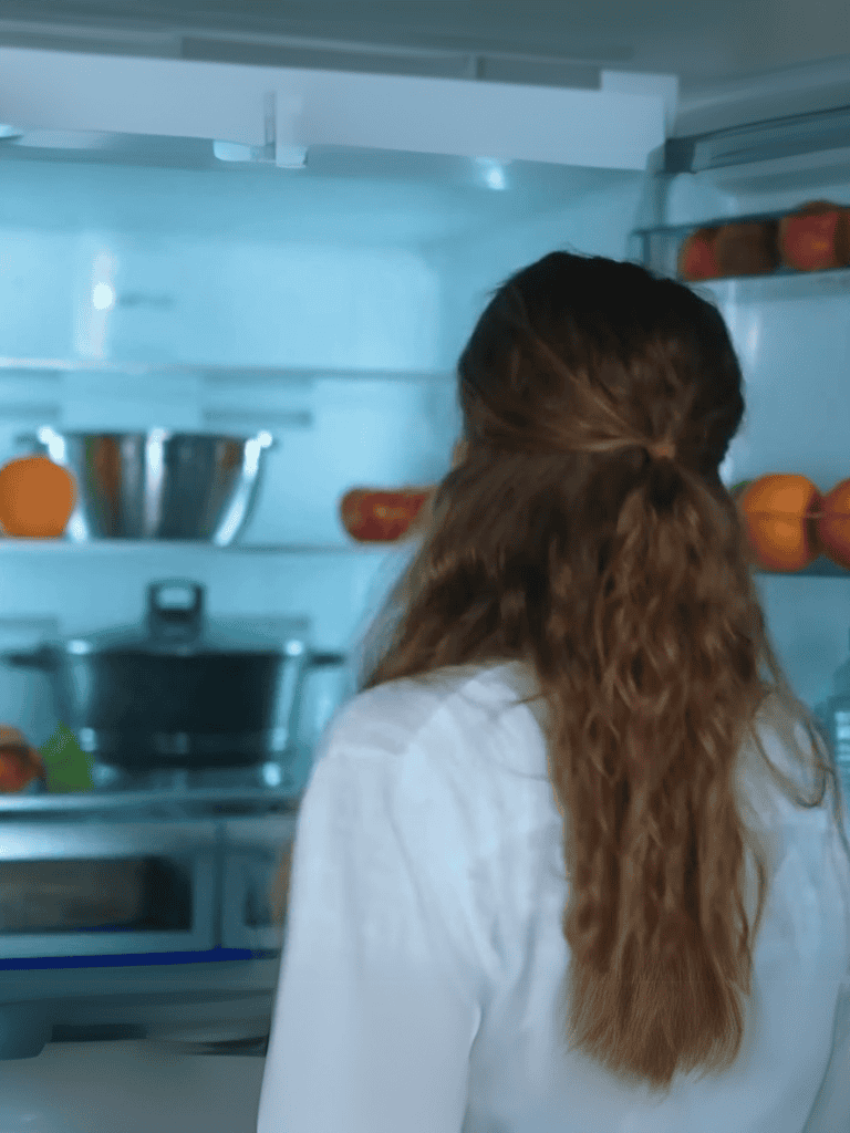 Image of a person looking into a refrigerator filled with fresh fruits, vegetables, and containers.