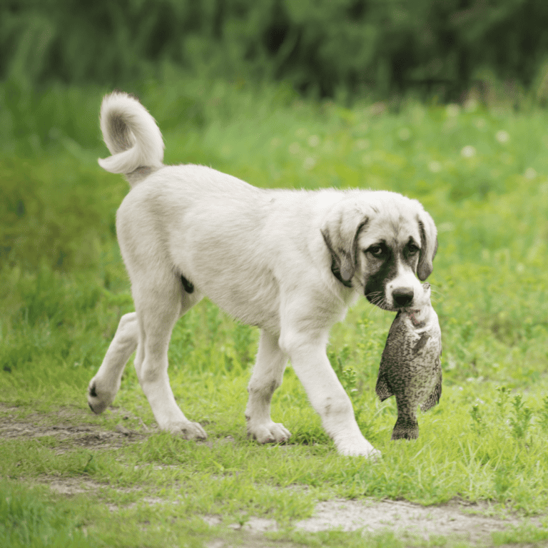 Dog with fish in mouth, outdoor nature scene.