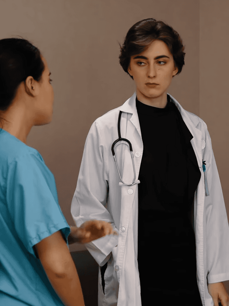 Vet consulting with a client in a clinical setting.