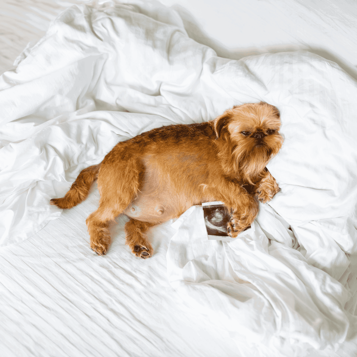 Adorable dog lying on bed holding ultrasound scan, symbolizing pet health check-up.