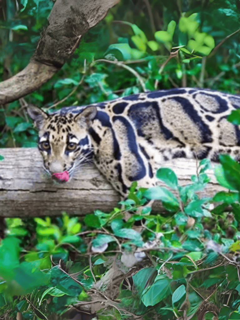 Wild jaguarundi in lush forest background.