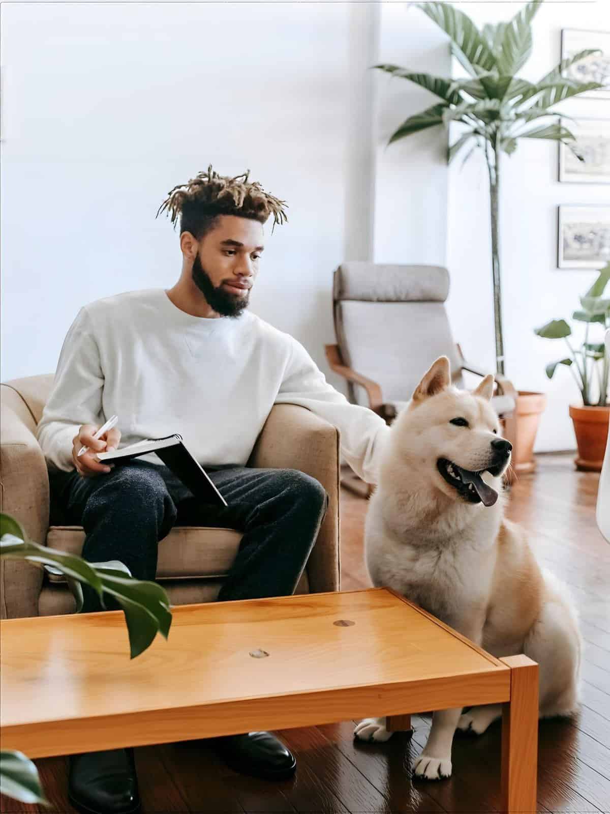 Dog fixing, grooming, care, pet owner lifestyle, happy dog, modern home, pet companionship.