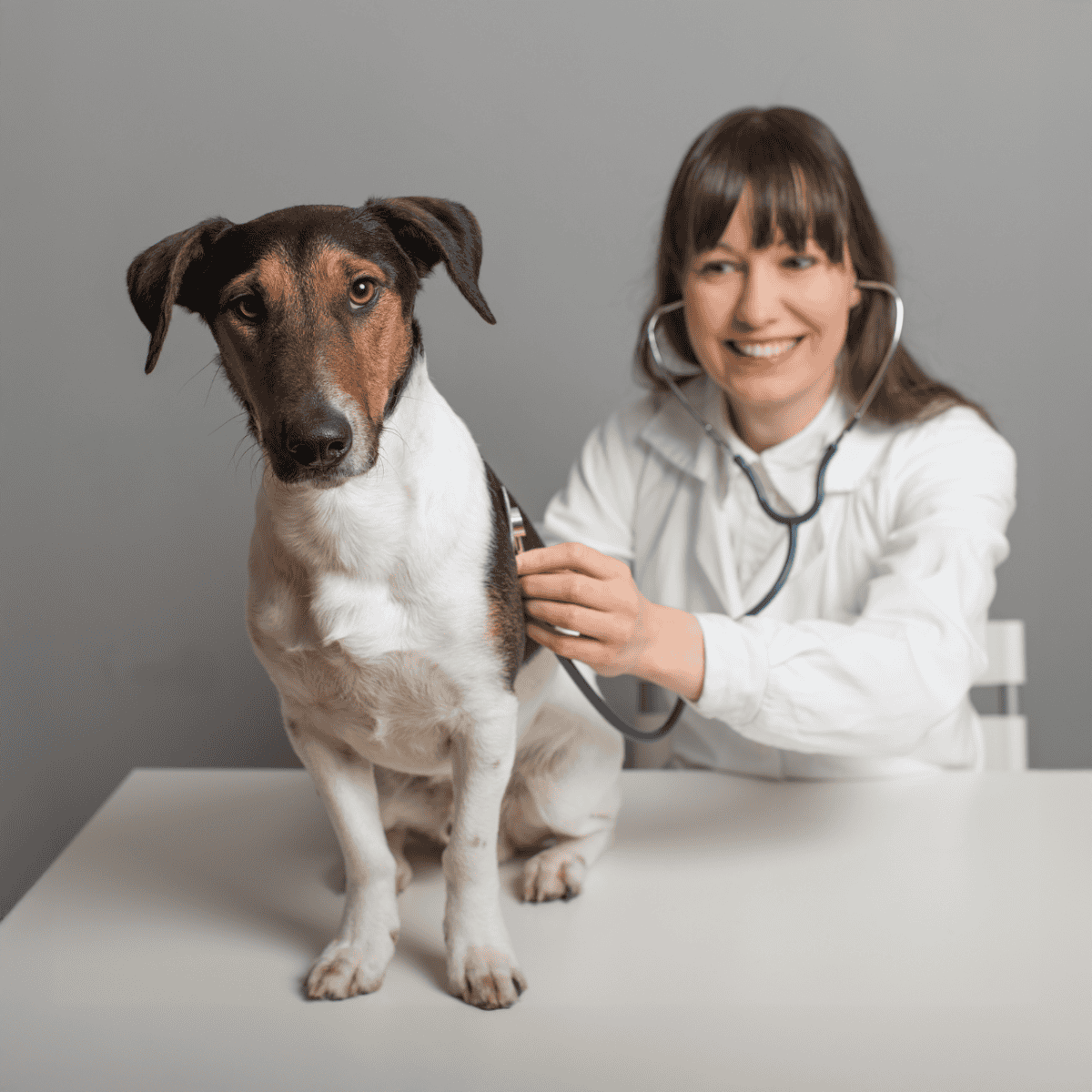 Vet examining a dog with stethoscope for health checkup.