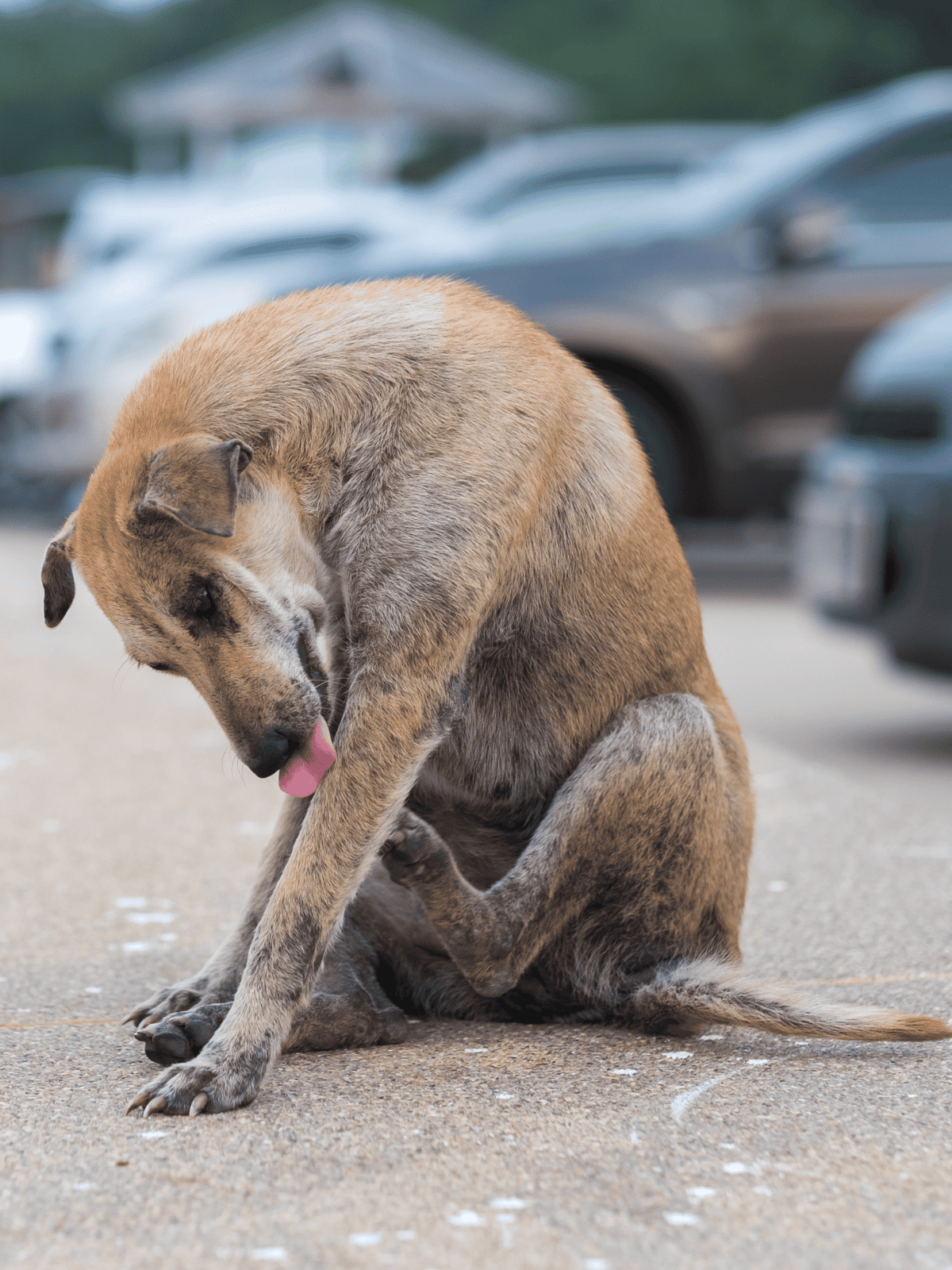 Adorable dog sitting in parking lot, grooming, licking paws.