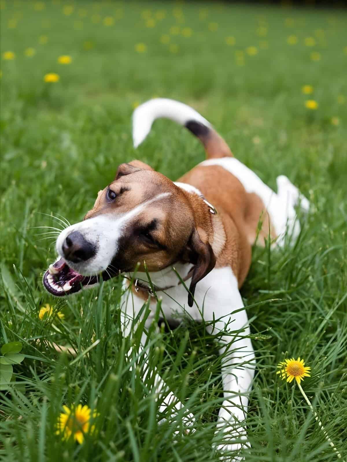 Cute Jack Russell Terrier puppy playing in lush grass with yellow flowers.