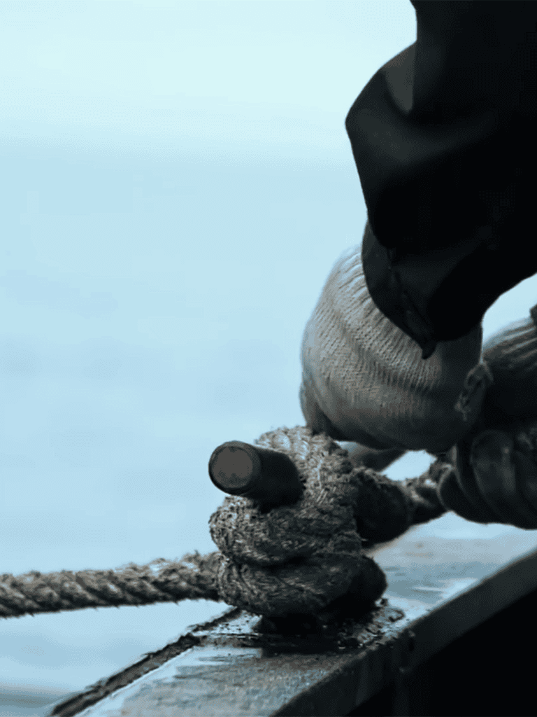 Close-up of a person tying a rope with a gloved hand on a boat.