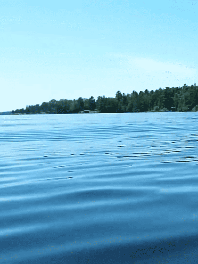 Beautiful lake landscape with clear blue water and lush green trees in the background.
