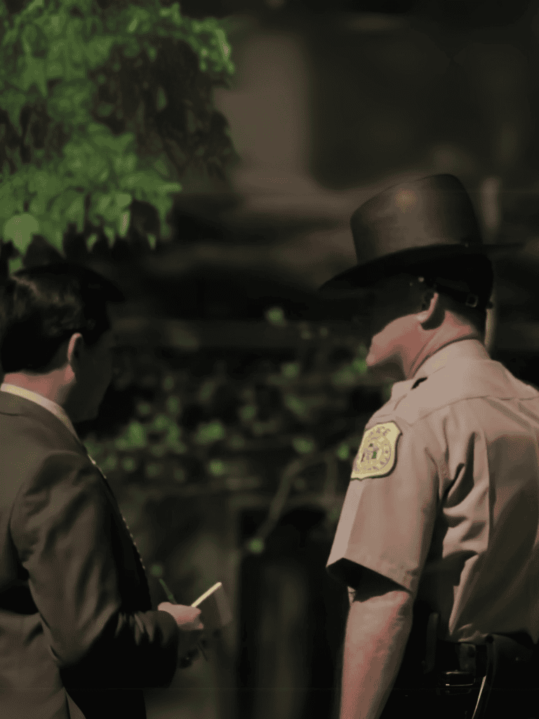 ALT Text: Police officer and civilian talking outdoors, city street background.