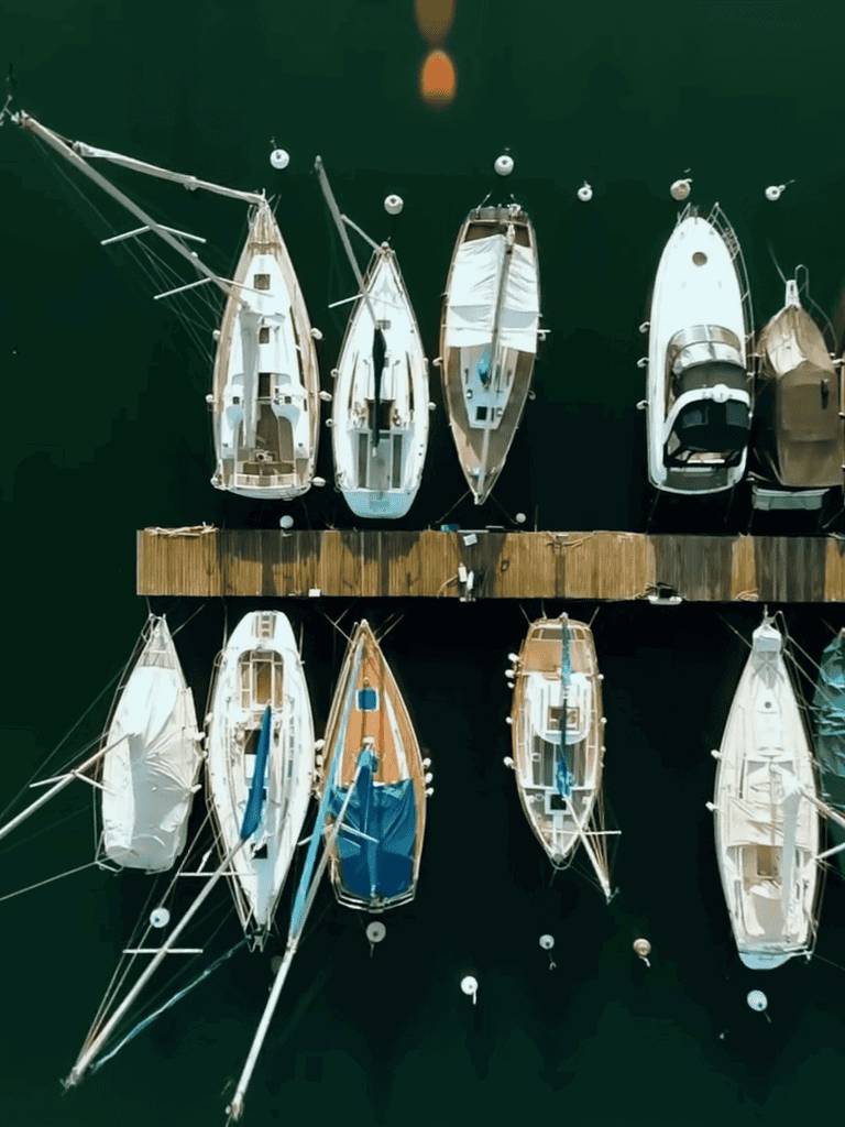Marina with sailboats docked, aerial view of boats at harbor for sailing and boating.