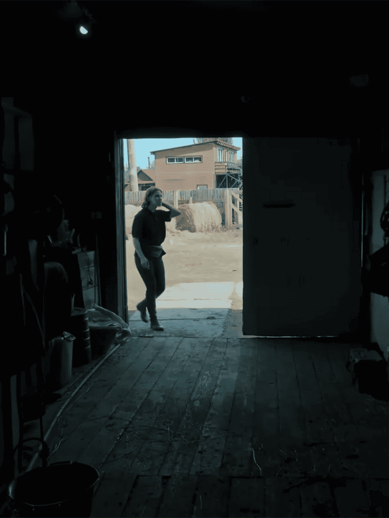 A woman stepping outside a barn into bright sunlight, ready to take care of dogs.