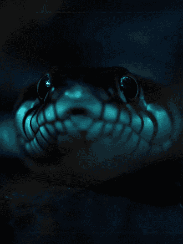 Close-up of a mysterious, dark underwater snake with glowing blue eyes and scales, in a deep, murky environment.