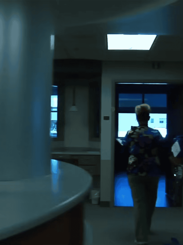 A woman in a floral shirt stands in a modern kitchen near the window and door, enjoying a bright day.
