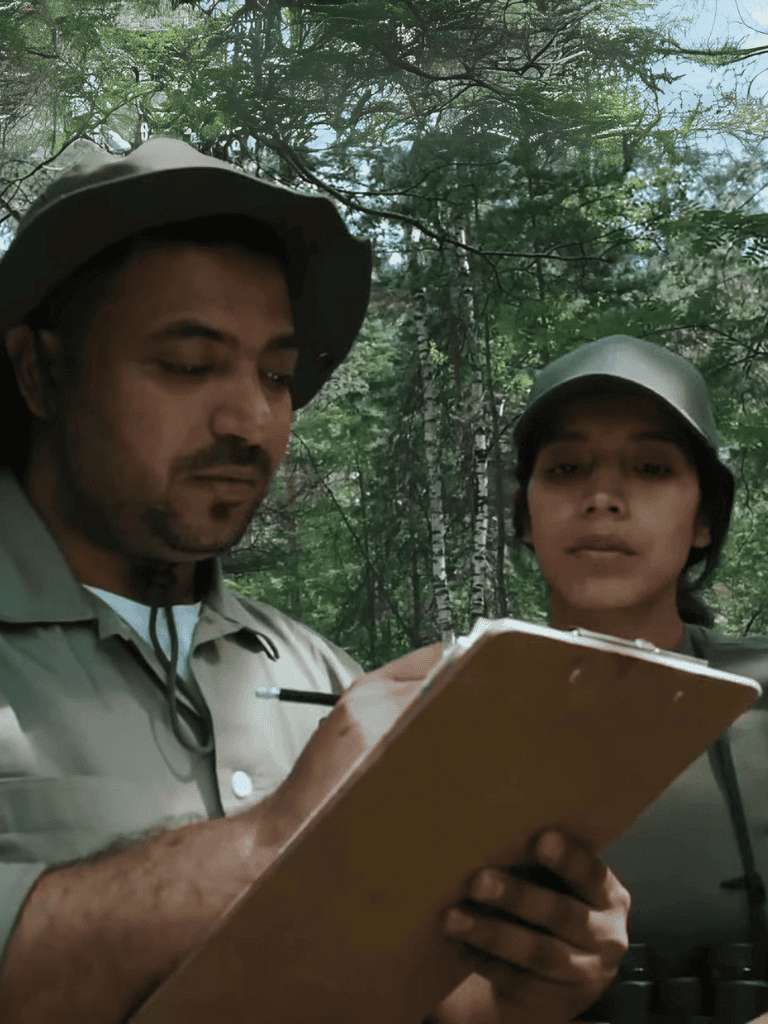 Two people with hiking gear in a forest checking a clipboard.