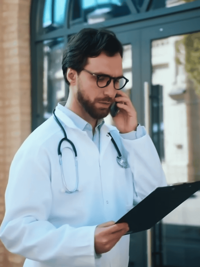 Medical professional, doctor, healthcare, outdoor, reading clipboard, stethoscope, medical consultation.