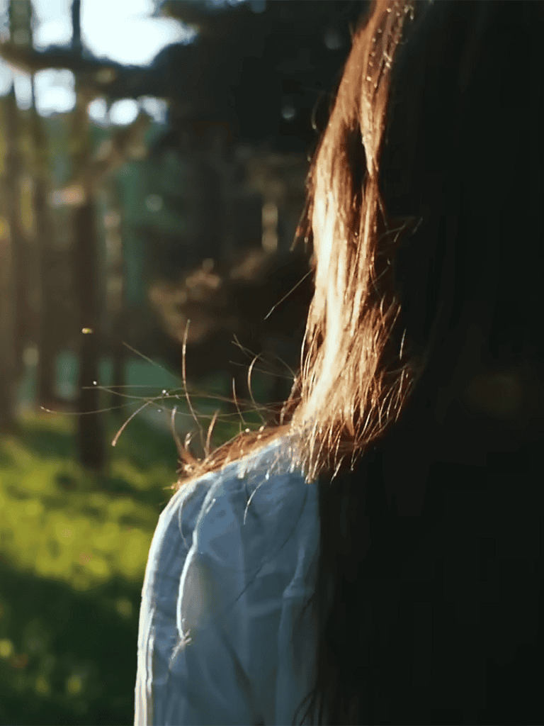 Photo of a woman outdoors with sunlight illuminating her hair and a natural, serene background.