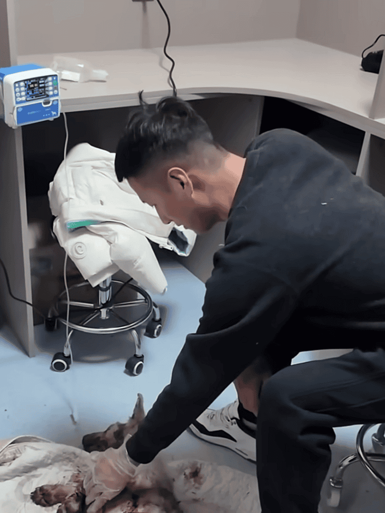 Vet caring for injured dog at clinic, medical treatment for pet health.