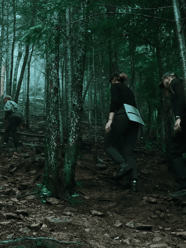 People hiking through lush green forest on a trail, enjoying outdoor adventure.