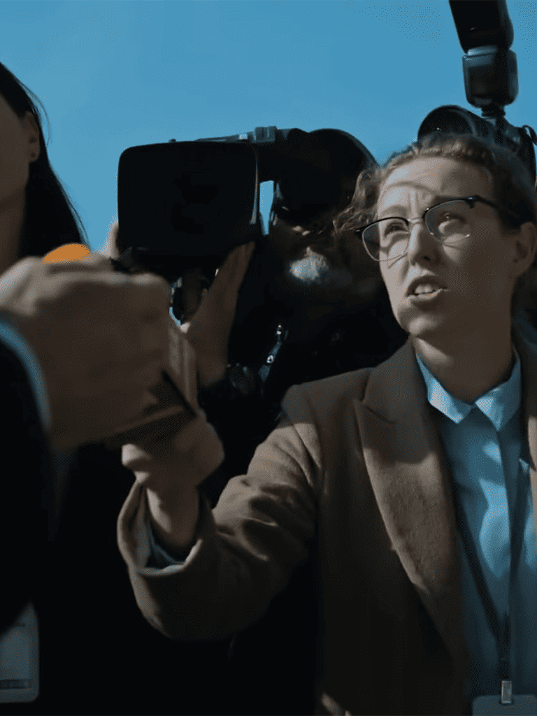 Experienced journalist recording interview with professional camera equipment.