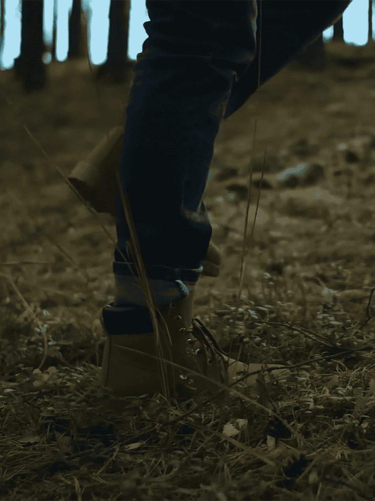 Durable hiking boots on a forest trail for outdoor adventure.