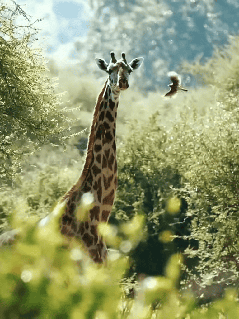 Giraffe standing tall among lush greenery with a bird flying nearby in a vibrant natural setting.