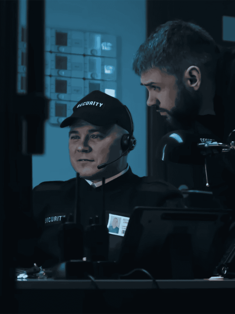 Security guards monitoring surveillance cameras in control room.