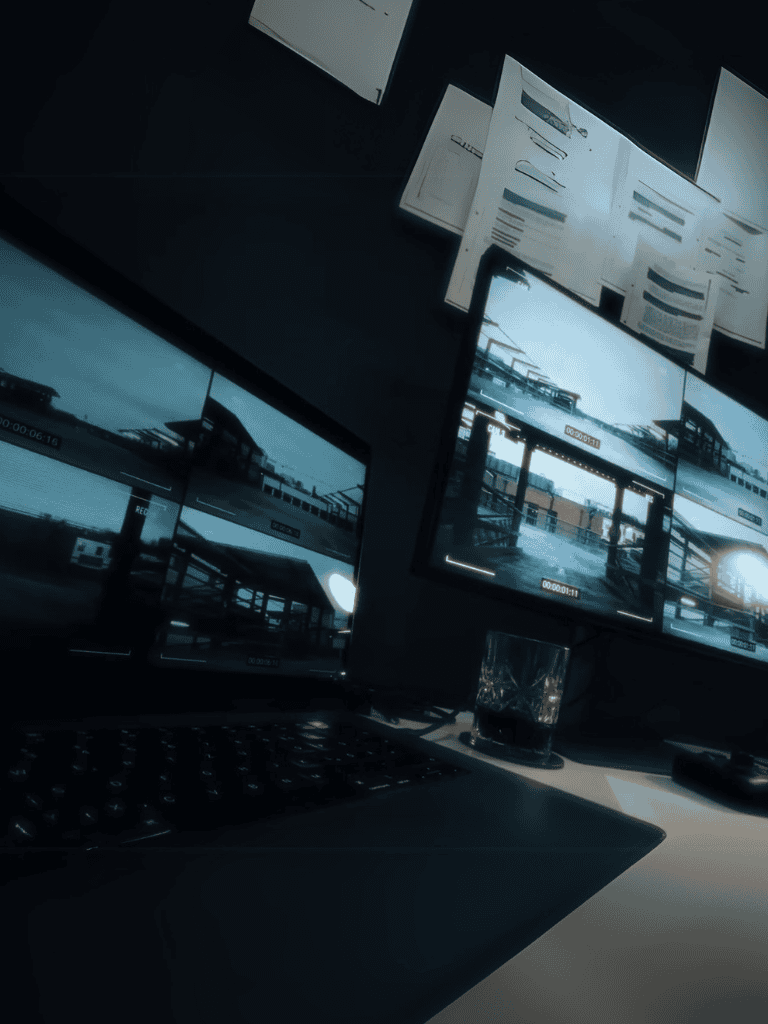 Computer monitors displaying video editing software, workflow, and project files.