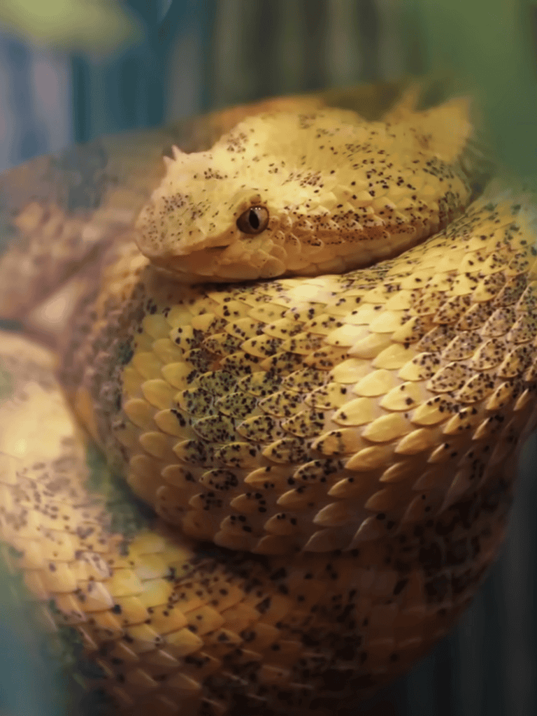 Close-up of a speckled snake curled up, showing detailed textured scales and alert eyes.