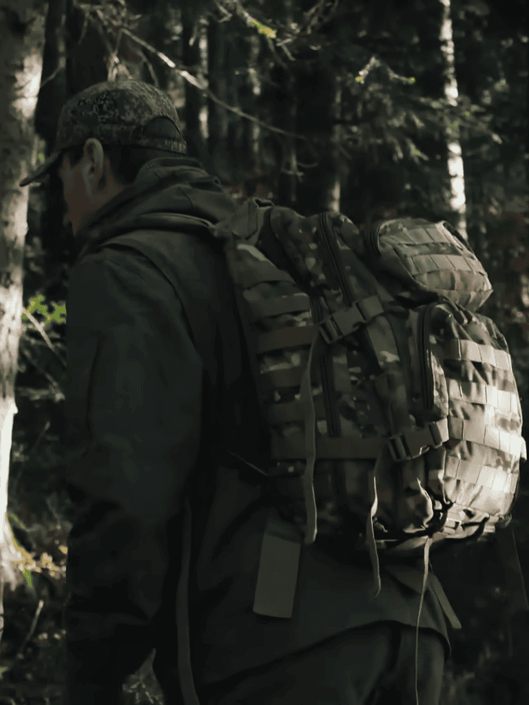Man hiking with camouflage backpack in dense forest.