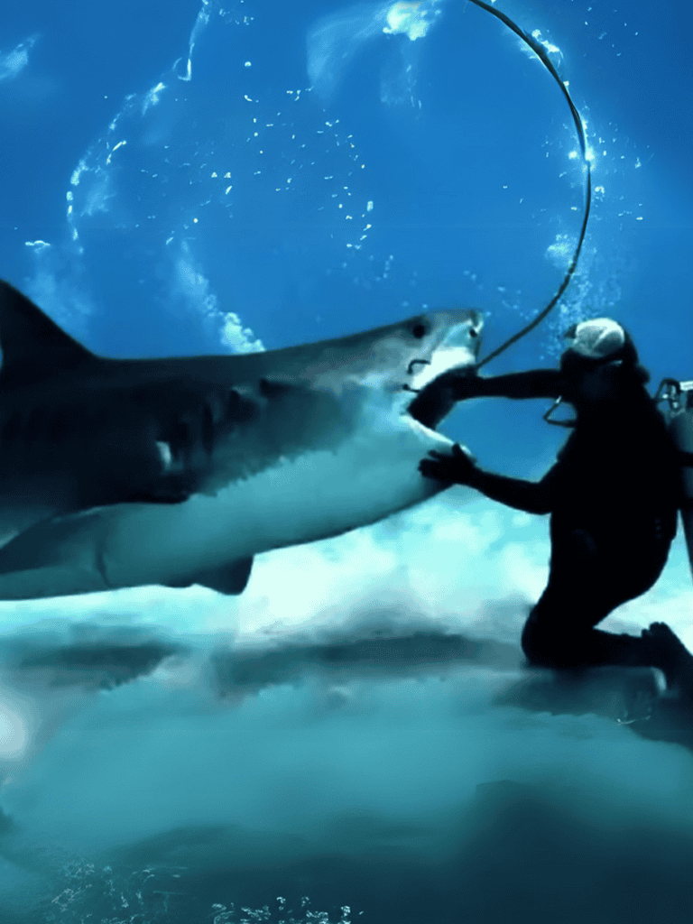 Underwater shark diving with scuba gear and a diver near a great white shark.