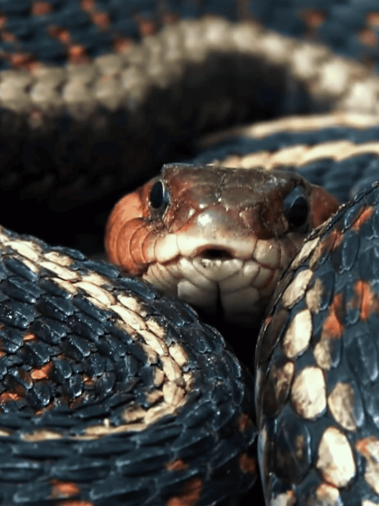 Close-up of a snake's head and eggs, showing scales and intense gaze, symbolizing nature and survival.