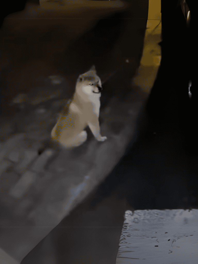 Dog on dark street at night, sitting near a curb with a curious expression.