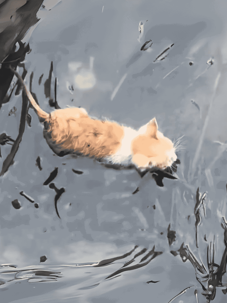 Cute orange and white cat swimming in water with floating debris.