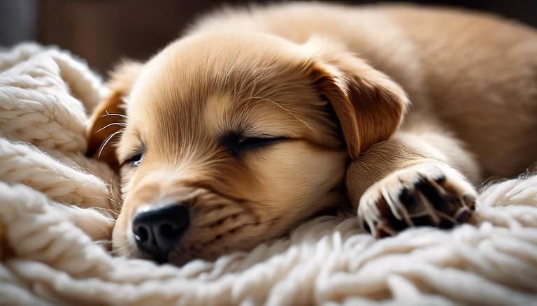 Adorable puppy resting, sleeping on cozy blanket, calm and relaxed dog.